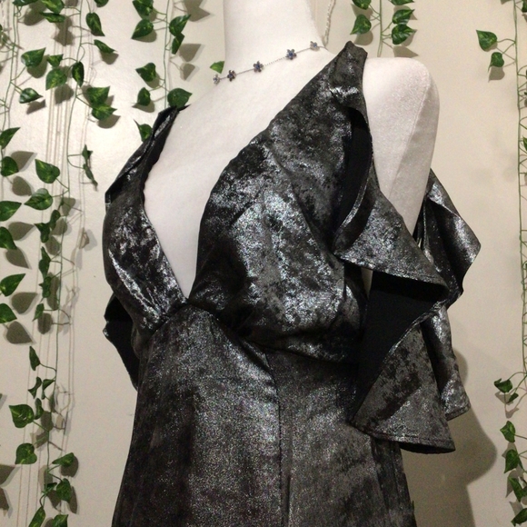 Silver Floor Length Gown with Deep V | Ruffled Sleeves | Side Slits - Picture 4 of 6